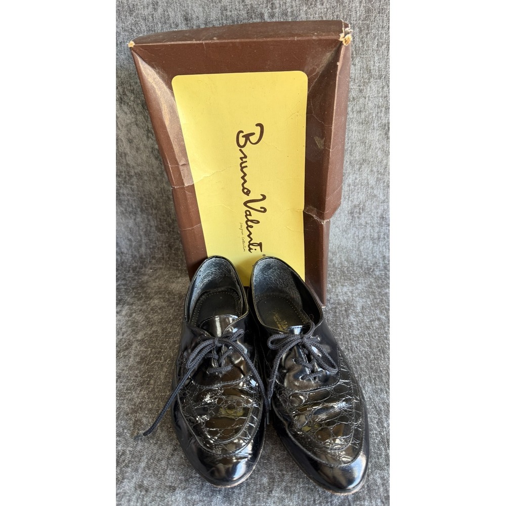 VTG Sz 7.5 Womens Bruno Valenti Designer Black Patent Alligator Embossed Oxford‎